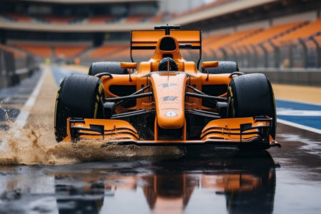 Racing car rushes along the race track at high speed against the background of the standsの素材