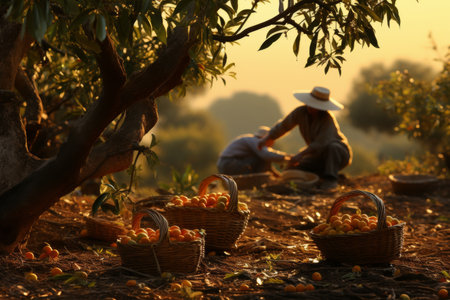 two apple orchard workers during a bountiful harvest in the picturesque orchardの素材