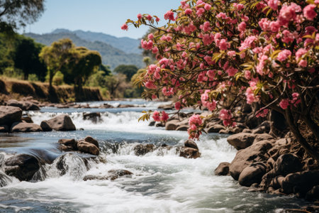 cascade of a tropical waterfall amidst a vibrant garden, adorned with blooming pink flowersの素材