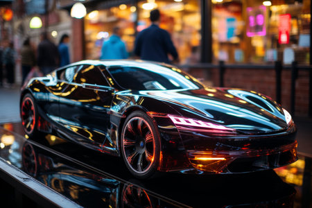 a futuristic automotive design environment with professionals discussing edge car model on a holographic display.Capture the dynamic interaction and advanced technology in the sceneの素材