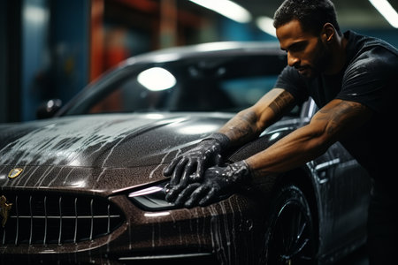 Professional car wash. Car wash with white soap and foam on luxury cars. Washing by Using High Pressure Waterの素材