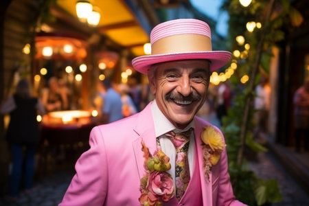 Portrait of a happy senior man in a pink suit and a hat on the street at nightの素材