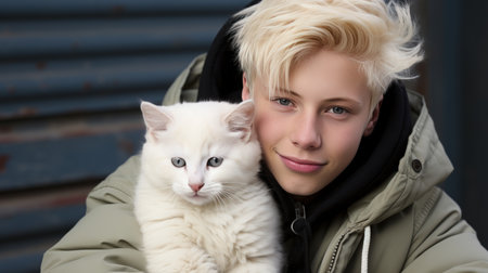 Shot of a young man with a guitar lying on the floor with his catの素材