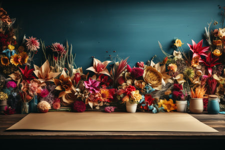 Desk in an office with a blue wall and colorful stickers. Concept of a remote workplace and home office. Including copy spaceの素材