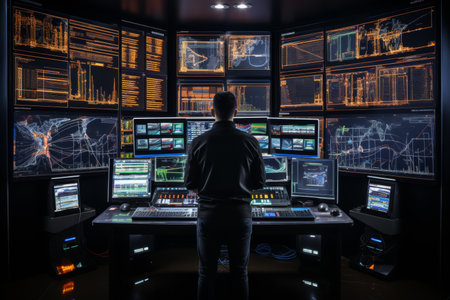 Stock Market charts on a futuristic screen, Stock market trading floor. Trader, broker look at the screen on stock market graphs of abstract indexの素材