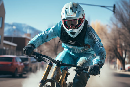 cyclist in a helmet on a downhill bike ride jumps into the air in winterの素材