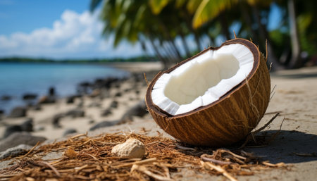 A tropical cocktail and a cracked coconut with juice on a paradise island background, with space for text.の素材