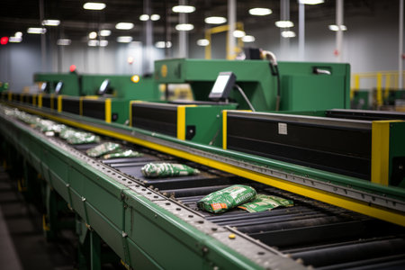 a waste processing plant s conveyor belt, showcasing a multitude of discarded materials being transported for sorting and processingの素材