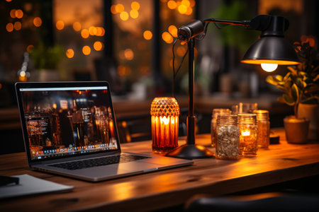 a modern podcast studio, focusing on a close up of a microphone on a desk, surrounded by a laptop, devices, and gadgets, in a cozy atmosphereの素材
