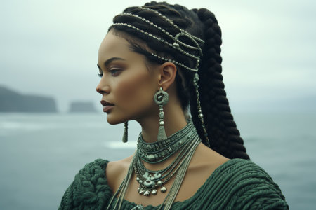 An image reflecting the powerful symbolism of migration, depicting an African with braided hair gracefully floating in the ocean, embodying strength and resilienceの素材