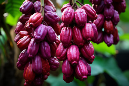 a lush cacao plantation with vibrant pods hanging from the treesCapture the natural beauty and abundance of cacao group pods on the plant trees.の素材