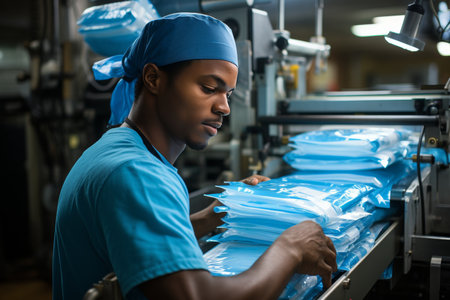An african male operating a plastic bag manufacturing machine on a busy production line.の素材