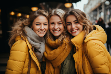 Portrait of three beautiful young women in yellow jackets smiling and looking at camera while standing outdoorsの素材