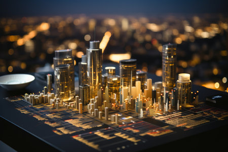 economic crisis concept with declining graphs and digital indicators against a modern city backdropの素材