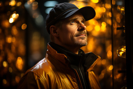 A construction worker in a yellow hard hat standing among metal scaffolding, carefully examining the structure above.の素材
