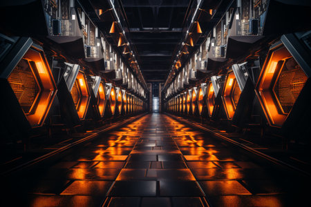 Futuristic corridor with glowing lights and reflections. 3d renderingの素材