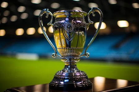 the essence of triumph and competition in a stadium with a glaming grand trophy as the focal pointの素材