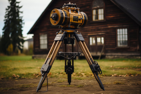 Professional construction equipment on tripod in front of a wooden house in forestの素材