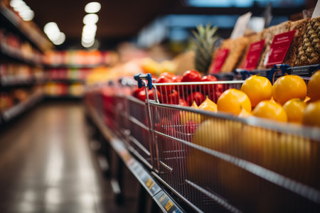 Shopper's perspective, POV, down a brightly lit grocery store aisle, with a shopping cart, fresh produce and packaged goods on display aislesの素材