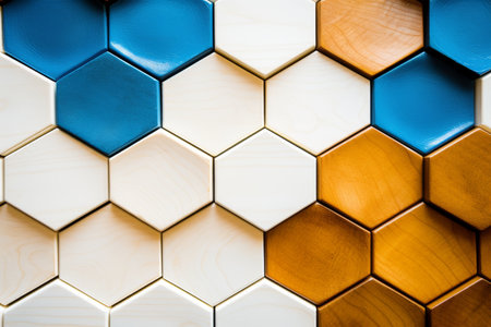 high-tech background with geometric glazed wooden figures of various shapes with blue, white, gold colorsの素材