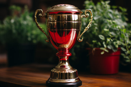 the essence of triumph and competition in a stadium with a glaming grand trophy as the focal pointの素材