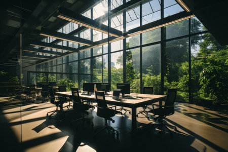 Group of business professionals having a discussion during a briefing. Colleagues collaborating on a new project in a modern glass office with green plantsの素材