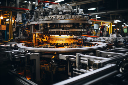 A Massive Overhead Crane Hook Suspended in Mid-Air at a Bustling Industrial Site, Symbolizing the Power of Heavy Machineryの素材