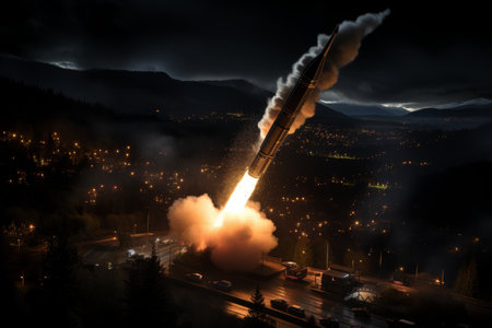 Describe a detailed scene of an advanced anti aircraft and anti missile defense system in action.の素材