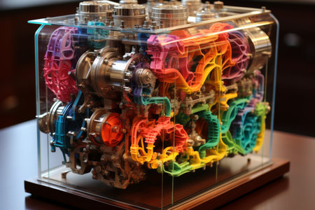 Explore the inner workings of an internal combustion engine and vehicle suspension through a holographic representation.の素材