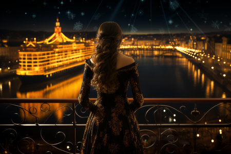 a female tourist embarking on a journey, standing confidently in front of a majestic cruise linerの素材