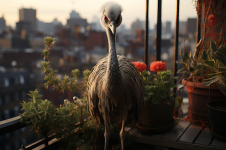 A scene of a majestic crane towering over a city skyline during a picturesque sunset.の素材