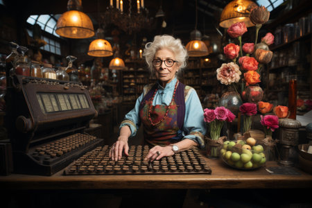 Elderly mature woman holding a receipt trying to read it and understand the problem, old lady managing account finances on vintage kitchen backgroundの素材
