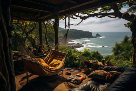 A man wearing a straw hat working on a laptop while sitting on a hammock by the ocean, representing a remote working lifestyleの素材