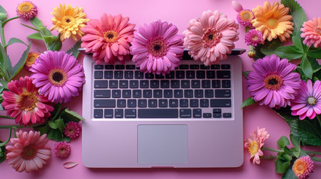 Laptop embellished with flowers on a pink background, creating a charming and vibrant sceneの素材