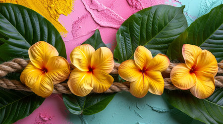 Creative flat lay of tropical paper cut flowers arranged on a split background with vibrant blue, yellow, and pink sections.の素材