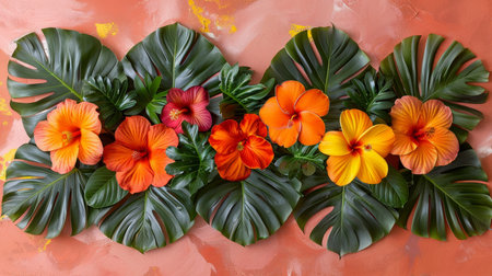 The shape of a heart drawn with a multitude of leaves and colorful flowers on a pink backgroundの素材