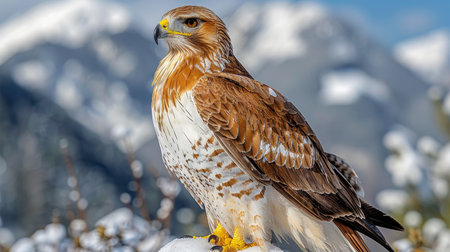 Majestic eagle gazing regally with snow-capped mountains in the backgroundの素材