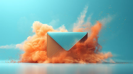Envelope exploding in colorful paint - mail, contact, advertising, email. Bright background.の素材