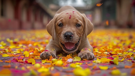 Energetic dog happily jumps and plays in the vibrant colors of a festive holi celebrationの素材