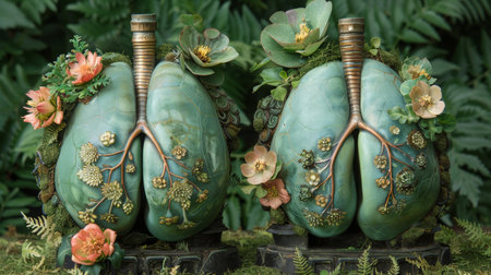 Healthy lungs filled with lush greens, moss, and flowers, set against a forest greenery background for World Asthma Day.の素材