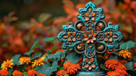 Christian cross adorned with floral vines embodies harmony and connection to natureの素材