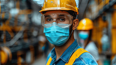 An underground tunnel lined with intricate mining machinery and equipment, where miners in hard hats and safety gear operate drill rigs and conveyor belts.の素材