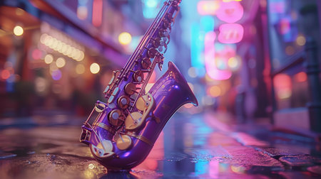 Futuristic neon backdrop highlights cyber saxophone in a mesmerizing glowing displayの素材