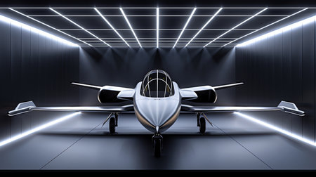 Aircraft displayed in hangar under dynamic lighting for an immersive exhibition experienceの素材