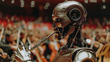 Android robot composing symphony with musical instrument creating harmonious melodyの素材