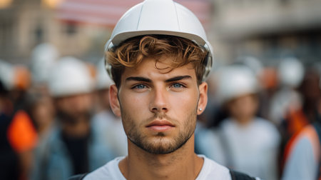Group of multiracial workers, men and women, in protective hardhats with the American flag in the background. Labor Day, Patriotism, and Democracy concept.の素材