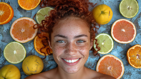 A woman with red hair is smiling brightly and looking at the camera on a blue background with assorted tropical fruits floating around.の素材