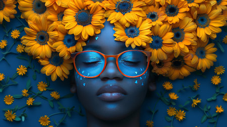 Portrait of a woman with multiple flowers on her face depicted in an artistic compositionの素材