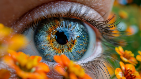 Macro shot of eye with intricate floral and leaf details for stunning close up photographyの素材