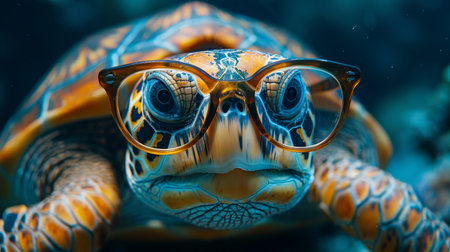 Adorable little green turtle with glasses posing in front of professional studio backdropの素材